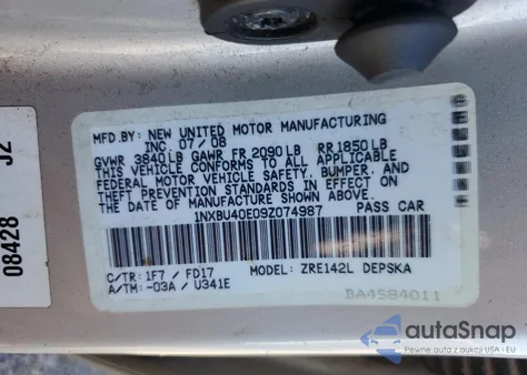 2009 Toyota Corolla Base from USA, damaged, VIN 1NXBU40E09Z074987